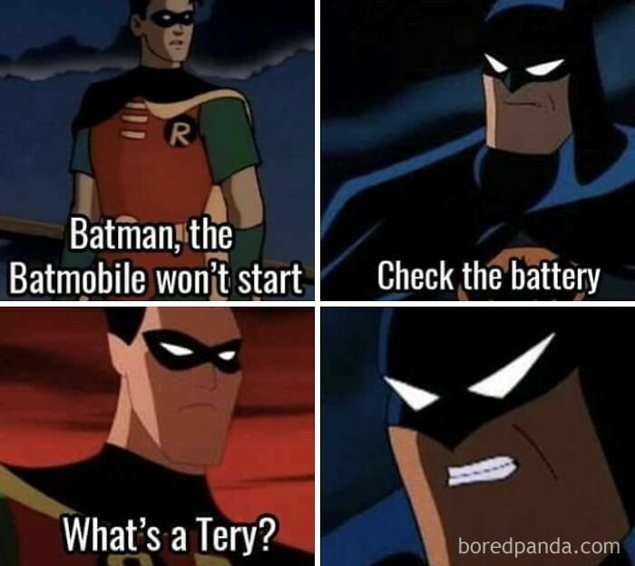 Batman and Robin meme explaining Batmobile issues, illustrating meme account humor for those who don&rsquo;t get it.